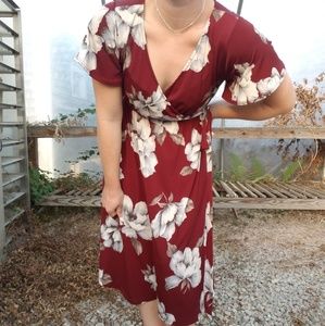 Wine Floral Midi Dress